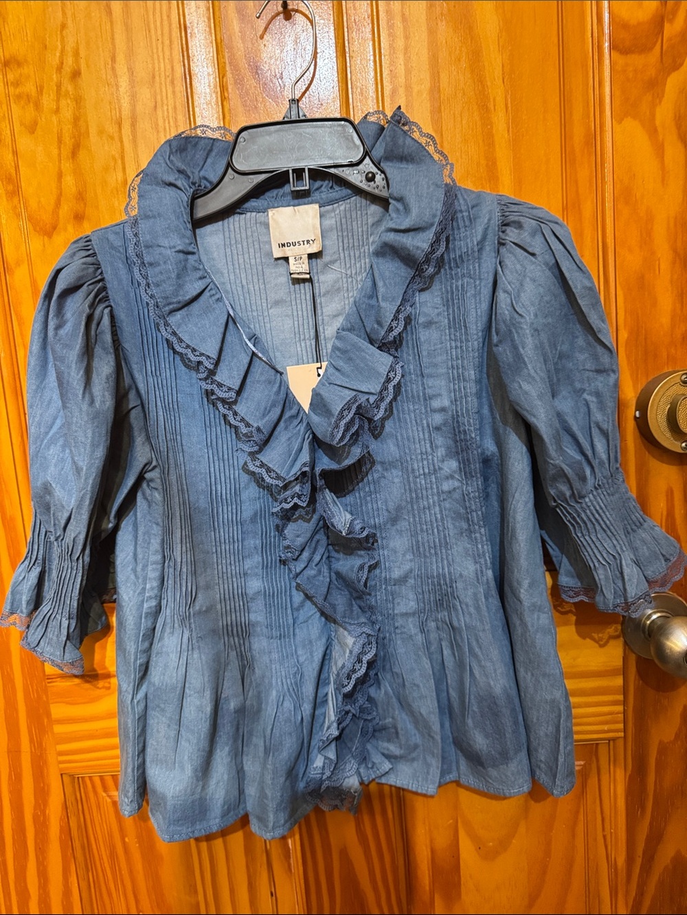Ruffled Pintuck Denim-Style Blouse